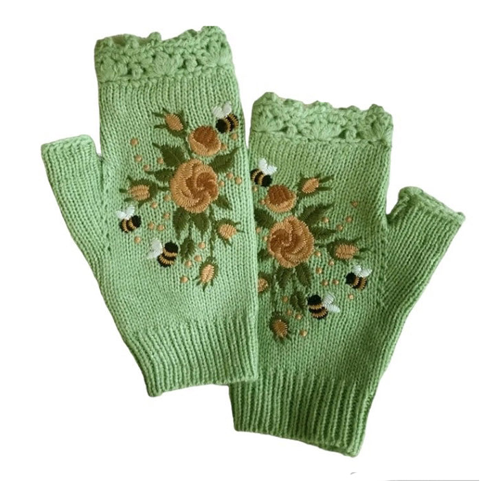 BROWN FLORAL EMBROIDERED FINGERLESS GLOVES FOR WOMEN
