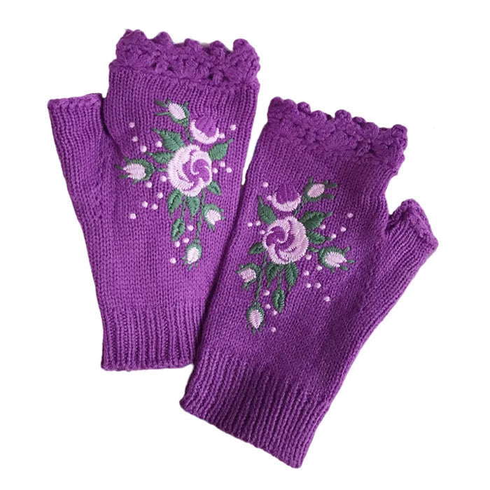 BROWN FLORAL EMBROIDERED FINGERLESS GLOVES FOR WOMEN