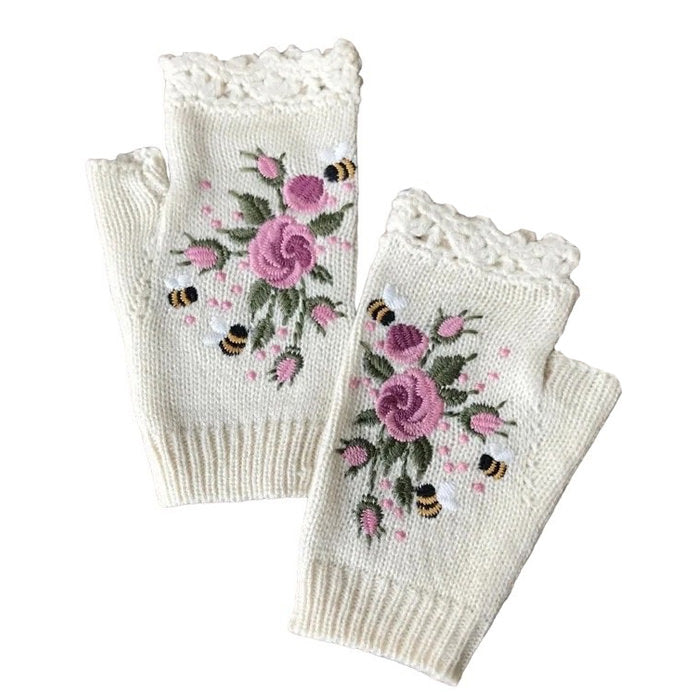 BROWN FLORAL EMBROIDERED FINGERLESS GLOVES FOR WOMEN