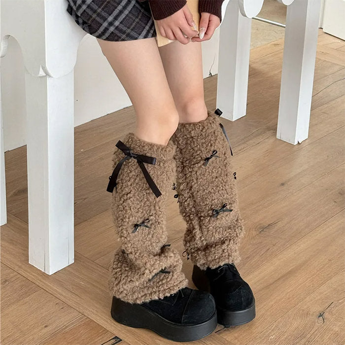 BROWN FUZZY LEG WARMERS WITH BLACK RIBBON ACCENTS
