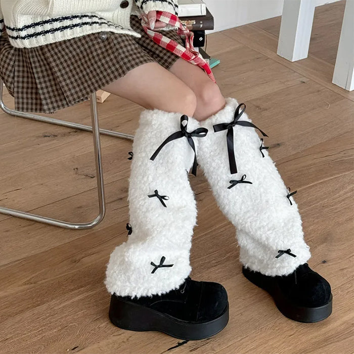 BROWN FUZZY LEG WARMERS WITH BLACK RIBBON ACCENTS