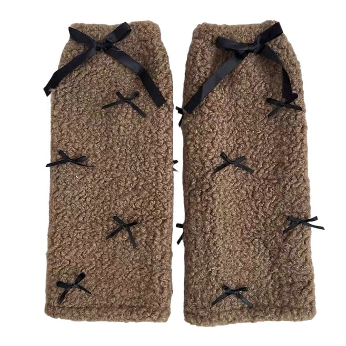 BROWN FUZZY LEG WARMERS WITH BLACK RIBBON ACCENTS