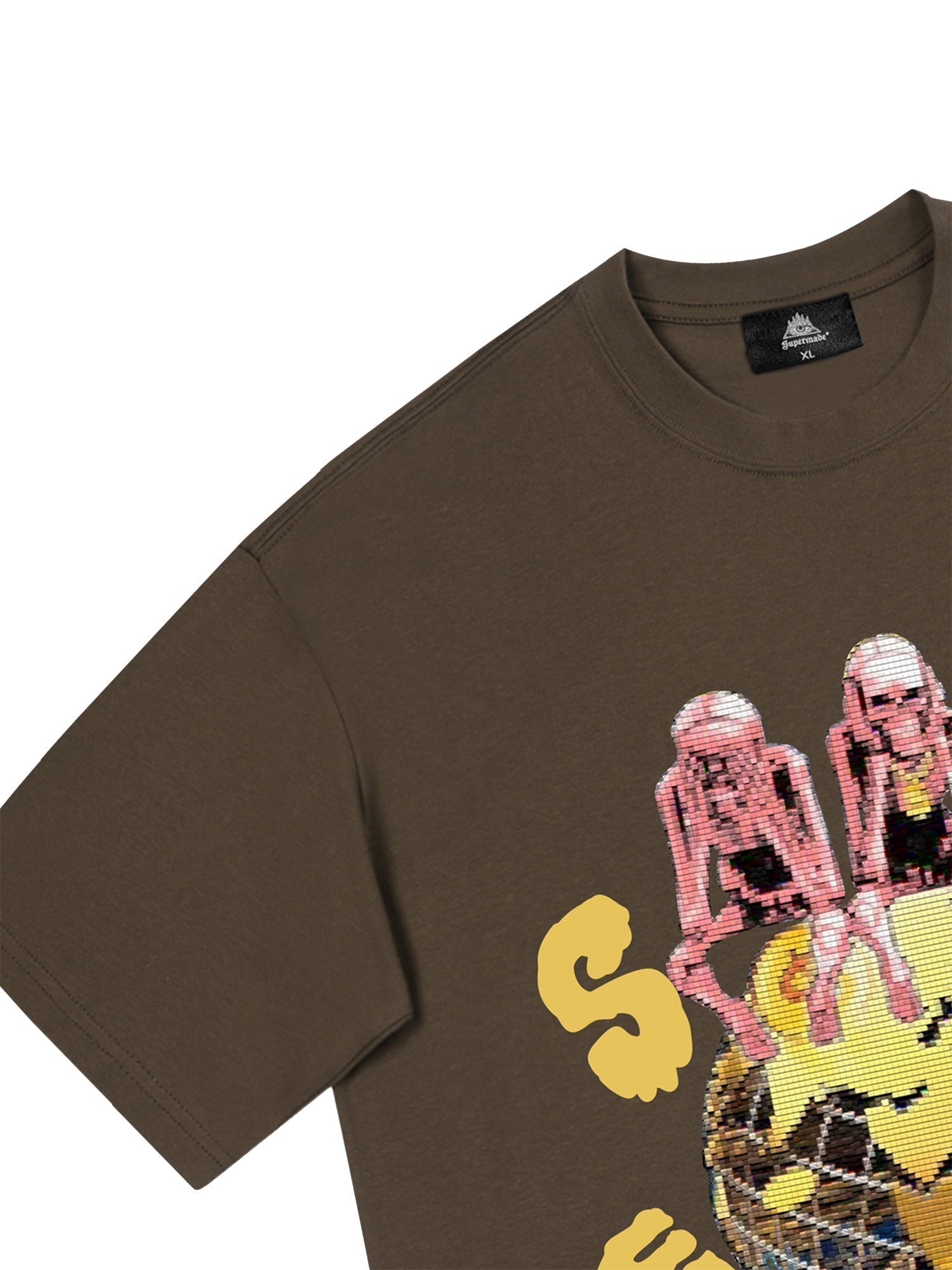 BROWN GRAPHIC PRINT JERSEY PULLOVER LOOSE FIT SHORT SLEEVE T-SHIRT