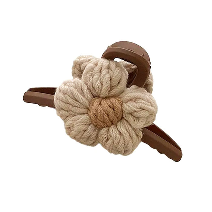 BROWN HAIR CLAW CLIP WITH YARN FLOWER FOR CROCHET HAIR AND FLOWER CROCHET