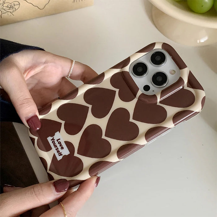 BROWN HEART PATTERN PHONE CASE FOR IPHONE WITH HEART DESIGN