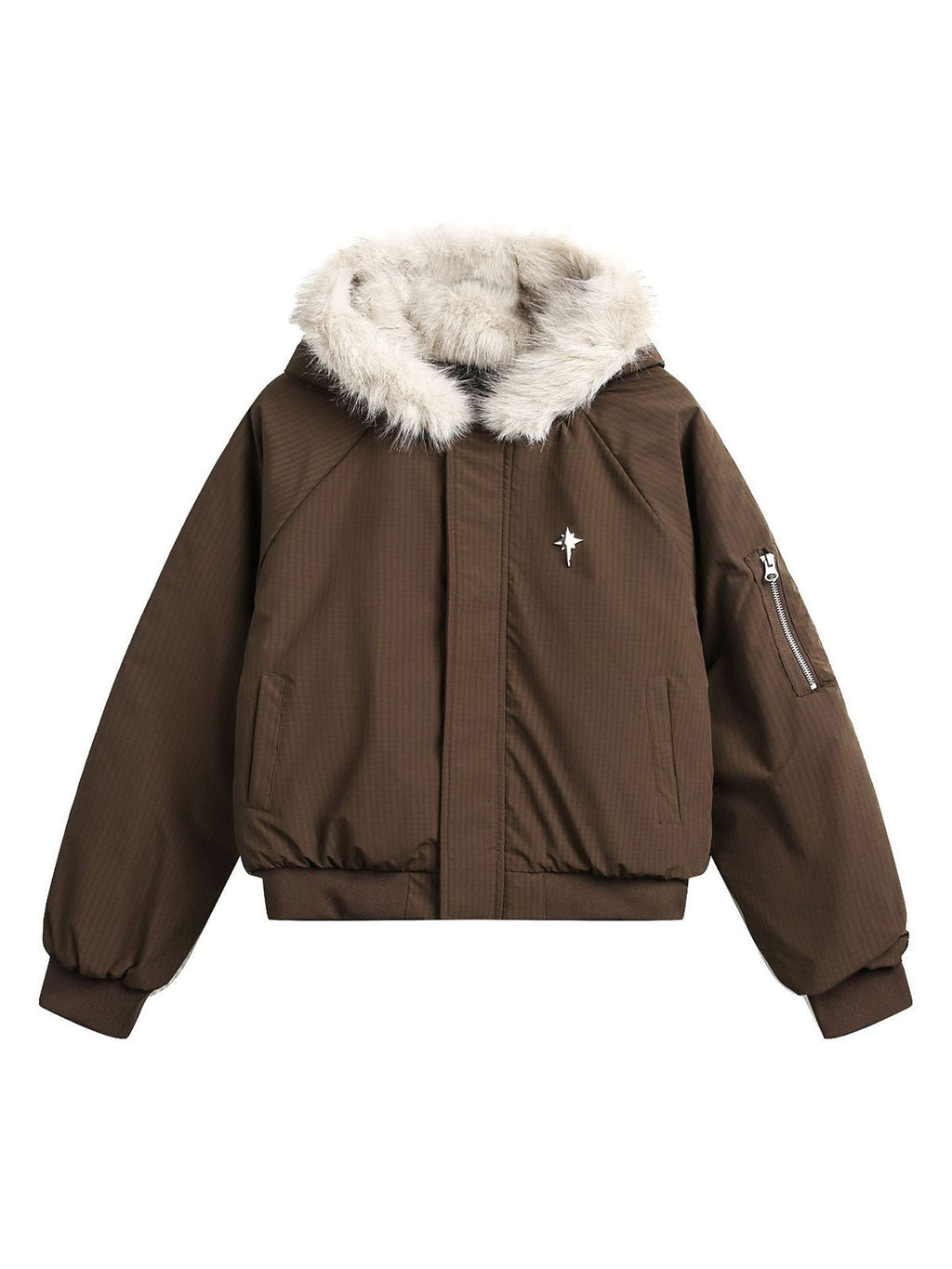 BROWN HOODED BOMBER JACKET WITH FUR TRIM FOR COOLER MONTHS