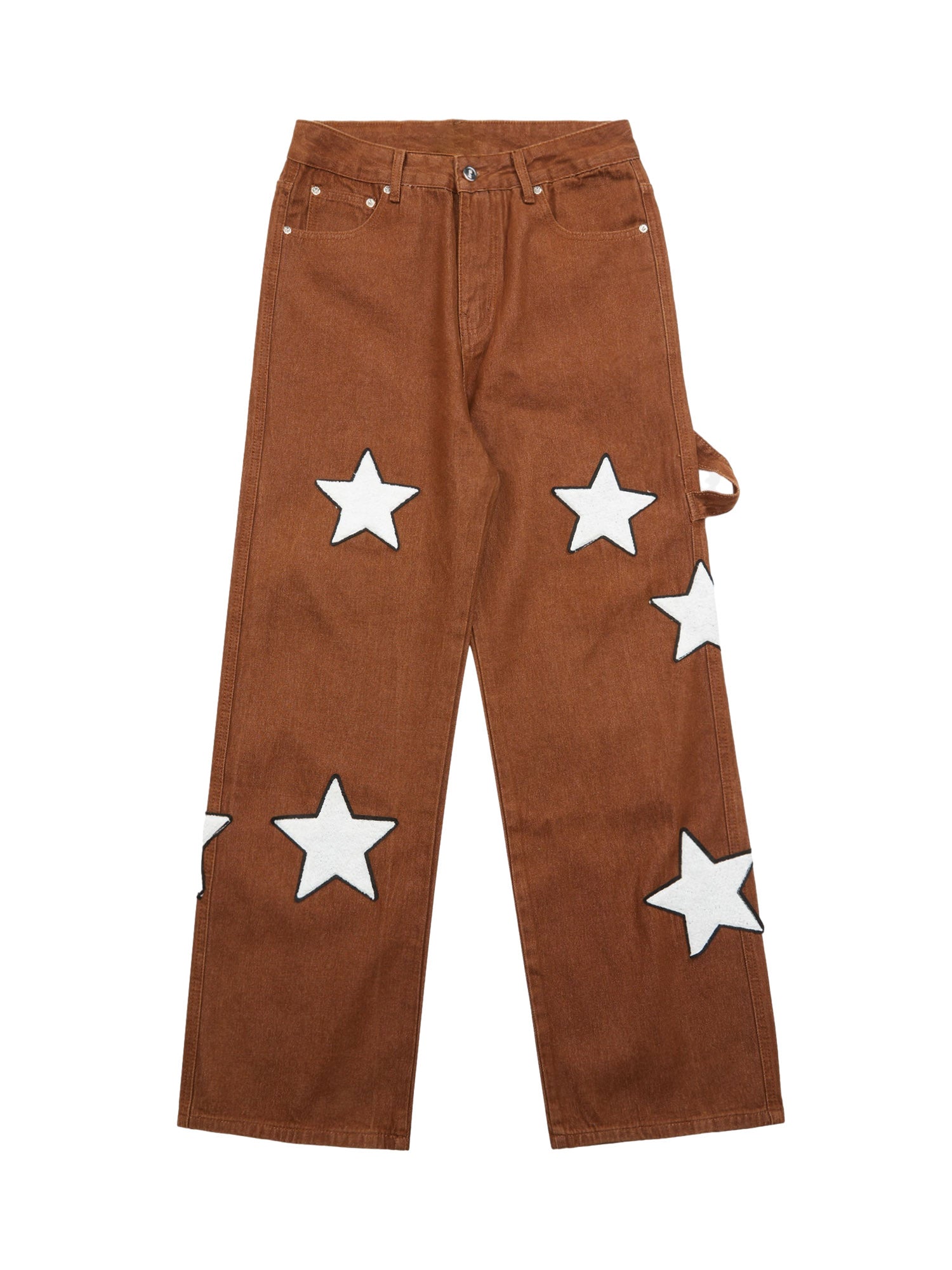 BROWN JEANS WITH WHITE STAR PATTERN - MID WAIST DESIGN