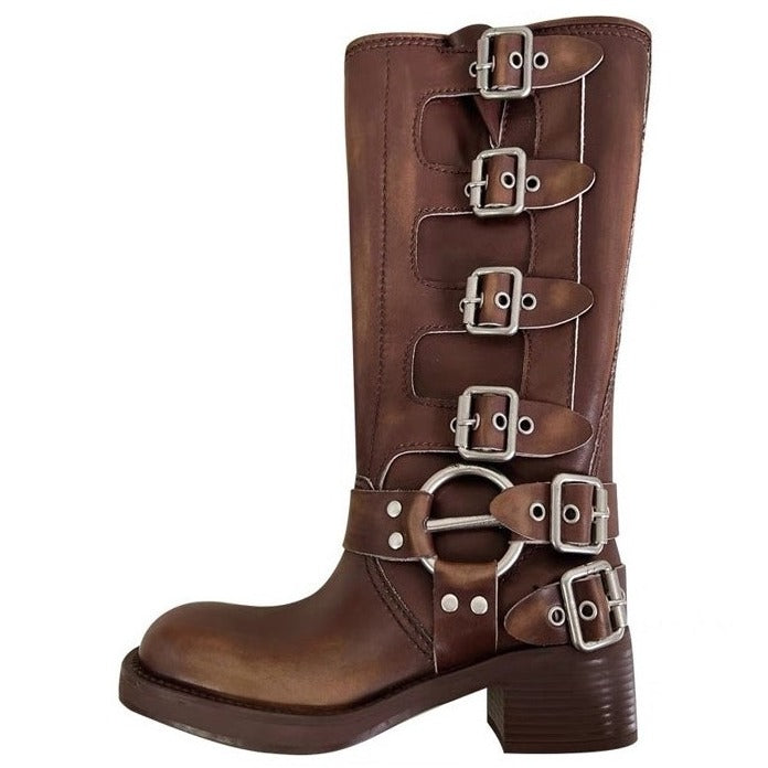 BROWN KNEE-HIGH BUCKLE BOOTS FOR WOMEN