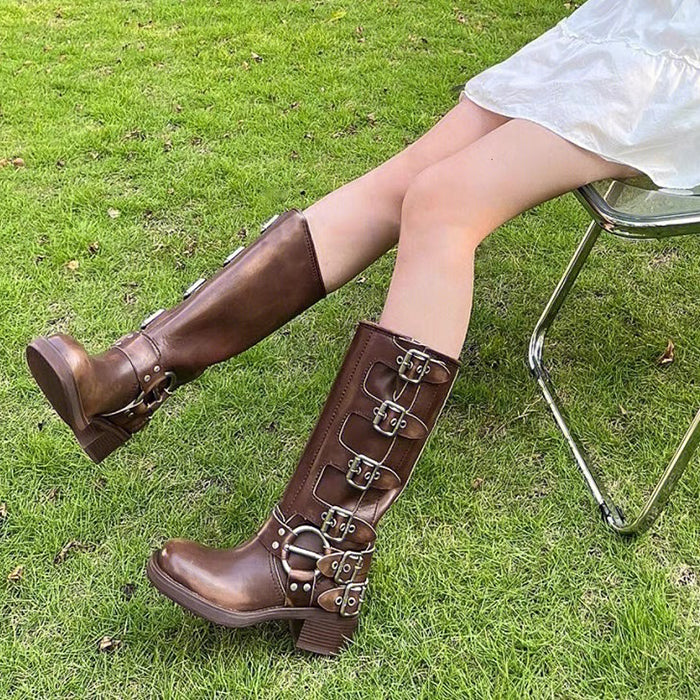 BROWN KNEE-HIGH BUCKLE BOOTS FOR WOMEN