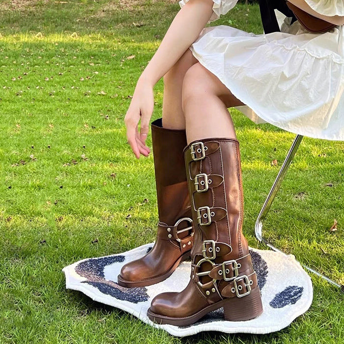 BROWN KNEE-HIGH BUCKLE BOOTS FOR WOMEN