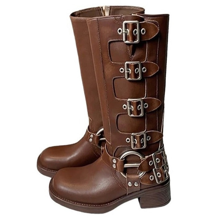 BROWN KNEE-HIGH BUCKLE BOOTS FOR WOMEN