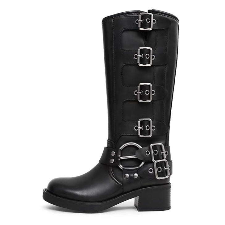 BROWN KNEE-HIGH BUCKLE BOOTS FOR WOMEN