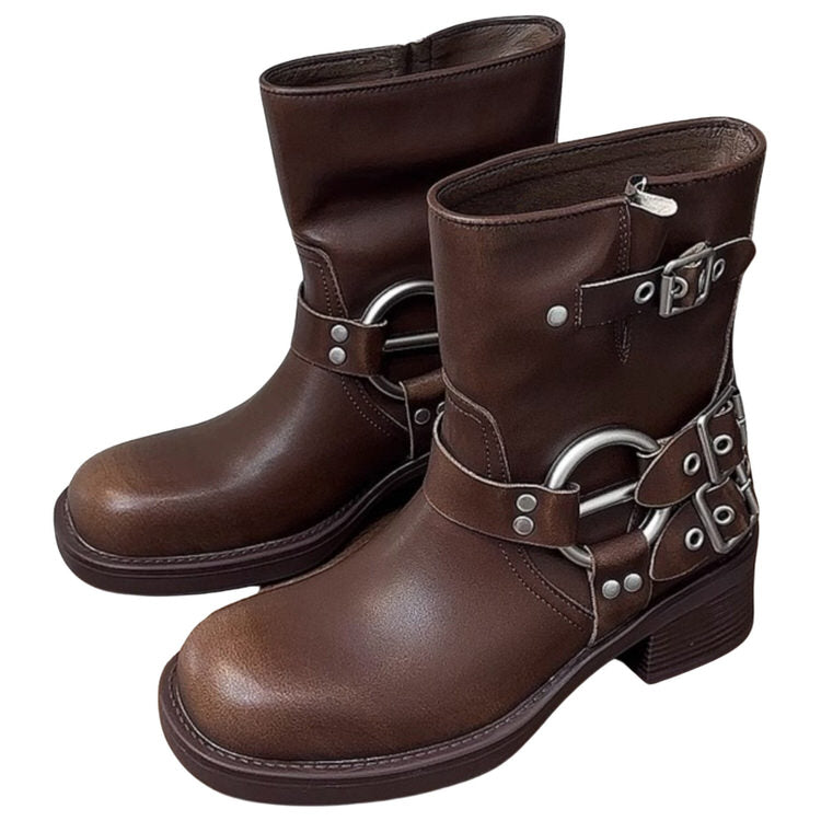 BROWN LEATHER BIKER BOOTS FOR MEN