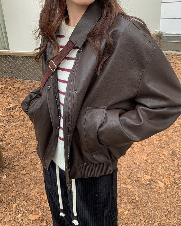 BROWN LEATHER BOMBER JACKET FOR MEN AND WOMEN | CLASSIC LEATHER BOMBER