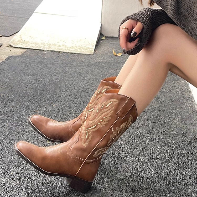 BROWN LEATHER COWBOY BOOTS WITH VEGAN LEATHER ACCENTS