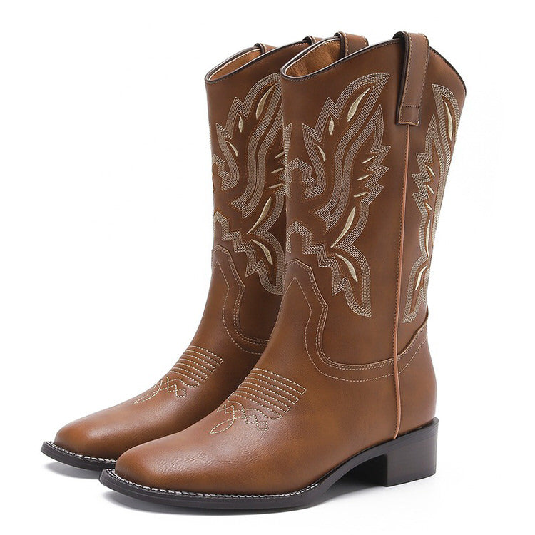 BROWN LEATHER COWBOY BOOTS WITH VEGAN LEATHER ACCENTS
