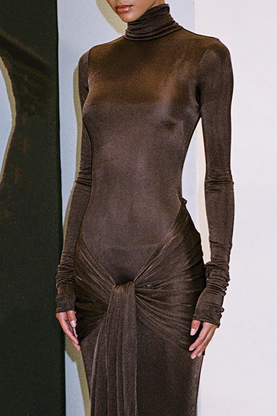 BROWN LONG-SLEEVED TURTLENECK DRESS WITH KNOTTED WAIST - CASUAL DRESS