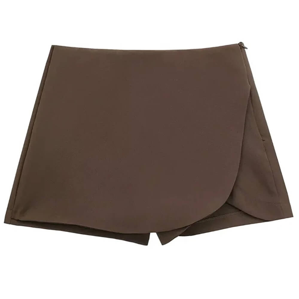 BROWN MINI SKORT ASYMMETRICAL OVERLAY HIDDEN SHORTS