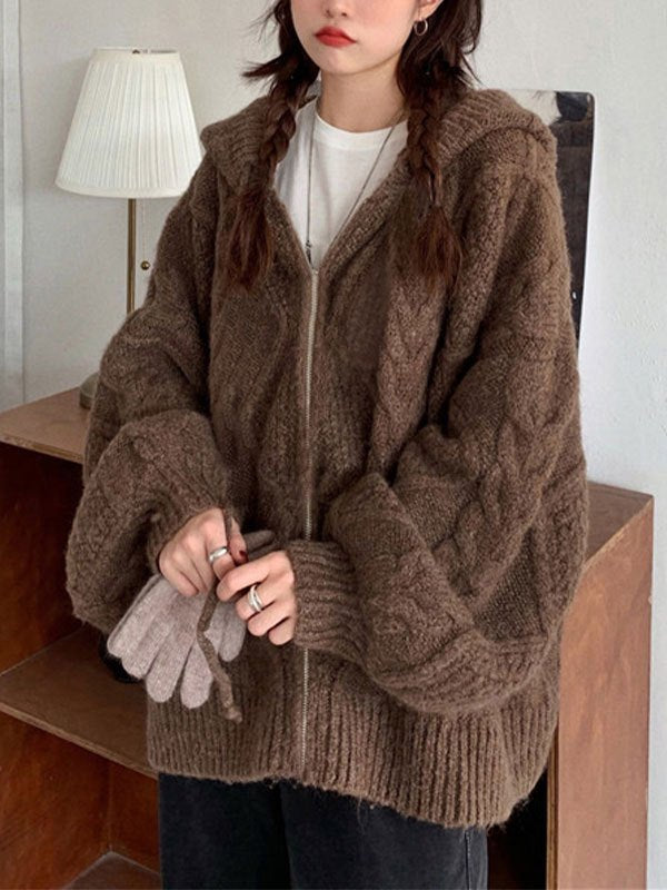 BROWN OVERSIZED HOODED CARDIGAN - COMFORTABLE CABLE-KNIT DESIGN