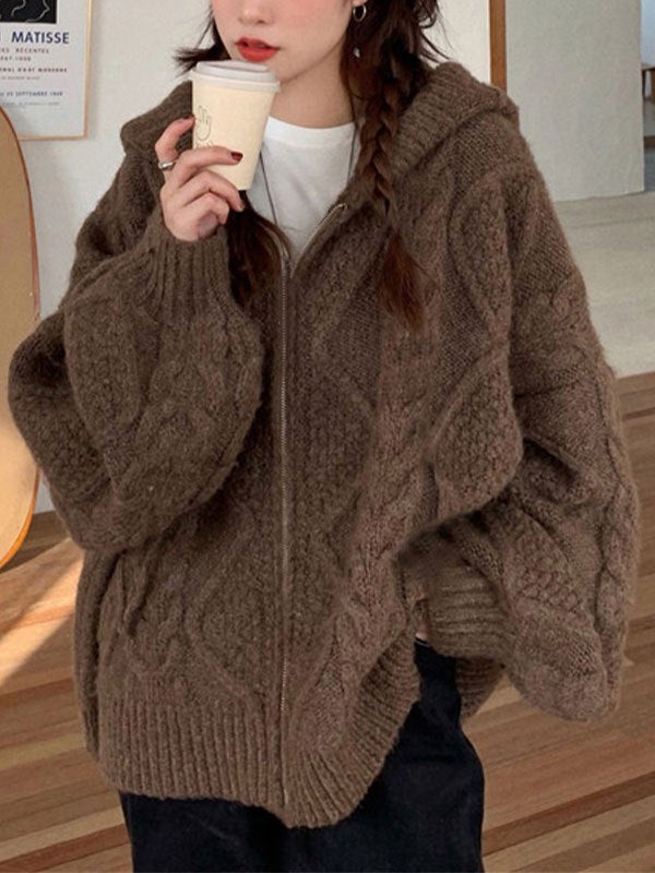 BROWN OVERSIZED HOODED CARDIGAN - COMFORTABLE CABLE-KNIT DESIGN