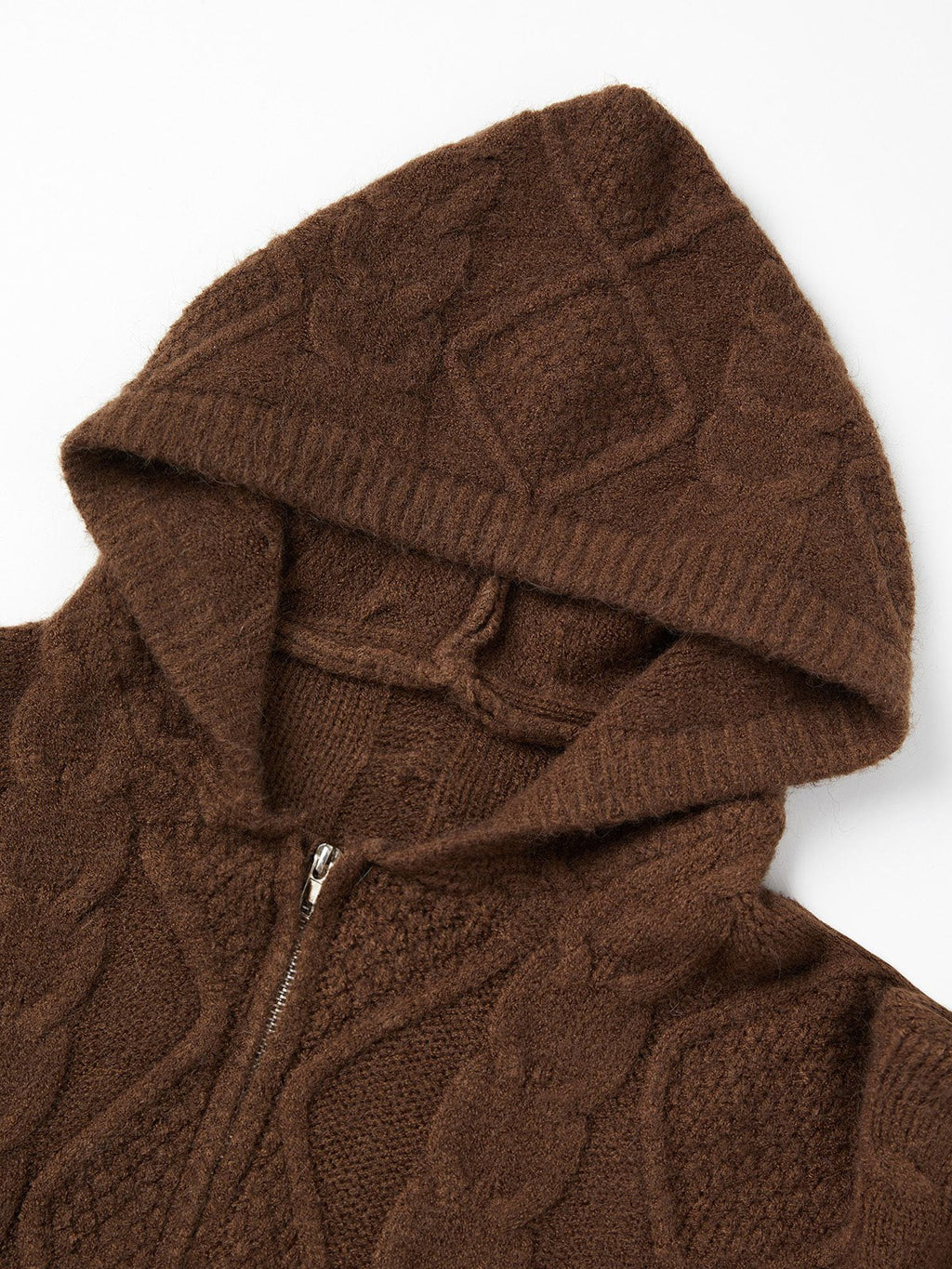 BROWN OVERSIZED HOODED CARDIGAN - COMFORTABLE CABLE-KNIT DESIGN