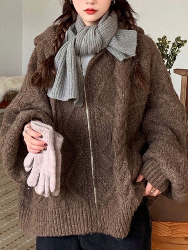 BROWN OVERSIZED HOODED CARDIGAN - COMFORTABLE CABLE-KNIT DESIGN