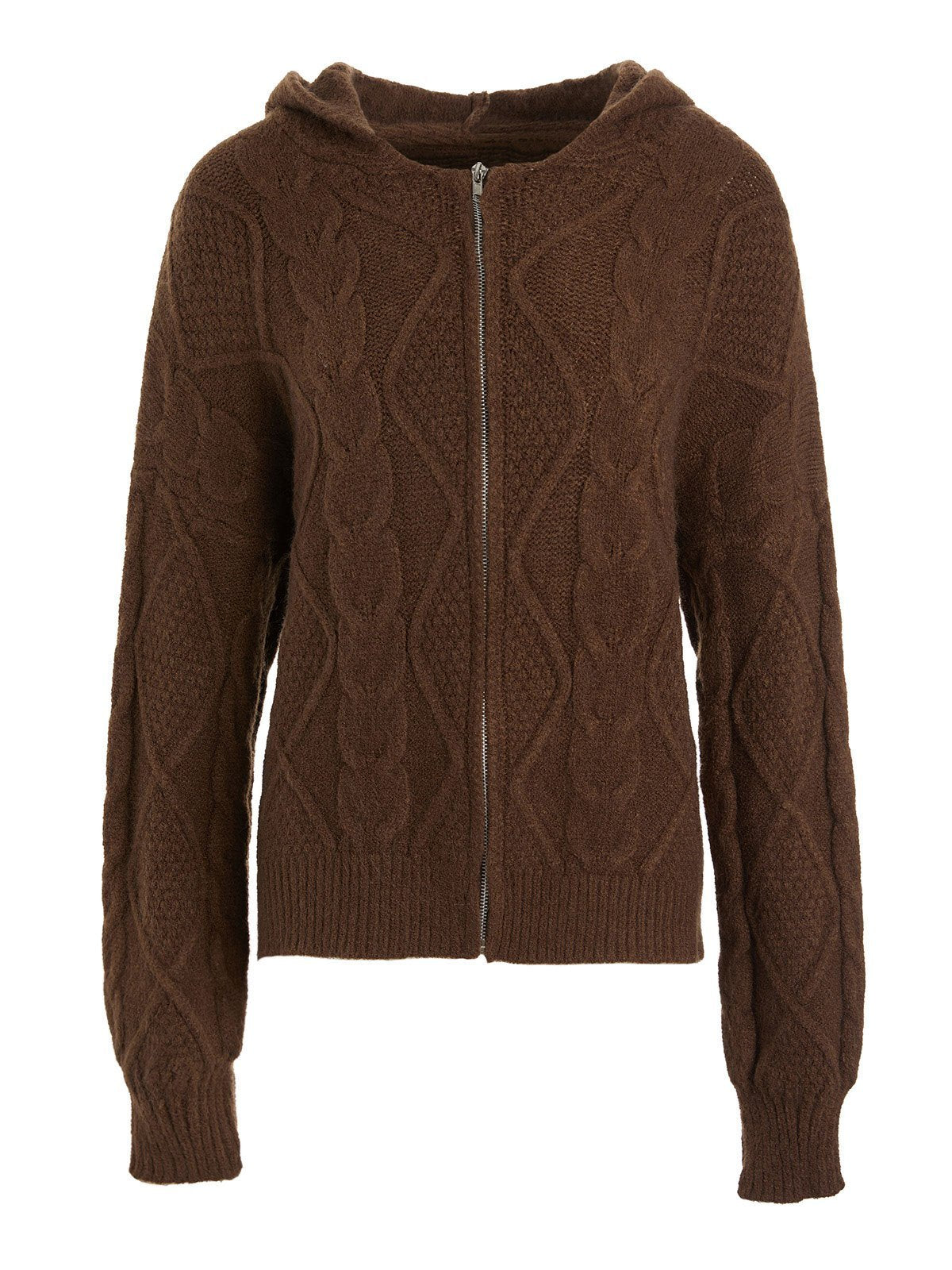 BROWN OVERSIZED HOODED CARDIGAN - COMFORTABLE CABLE-KNIT DESIGN