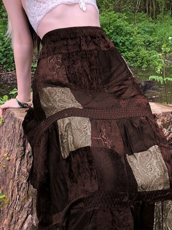BROWN PATCHWORK MAXI SKIRT WITH ELASTIC HIGH WAIST