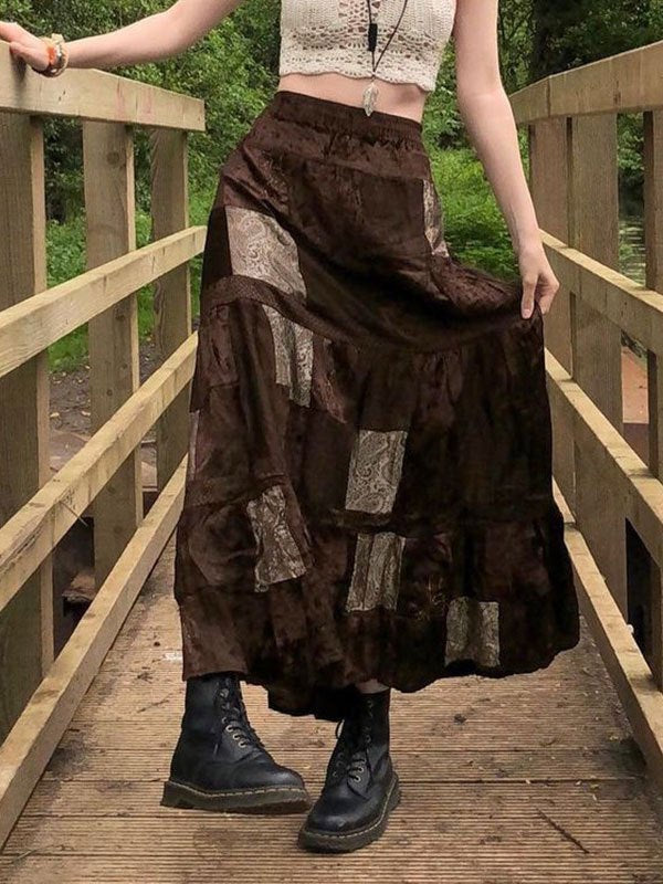 BROWN PATCHWORK MAXI SKIRT WITH ELASTIC HIGH WAIST