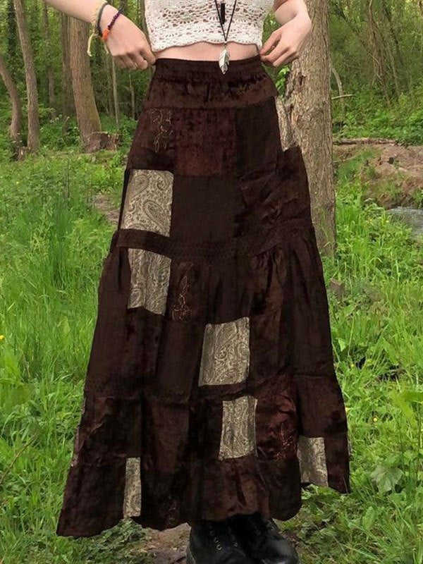 BROWN PATCHWORK MAXI SKIRT WITH ELASTIC HIGH WAIST