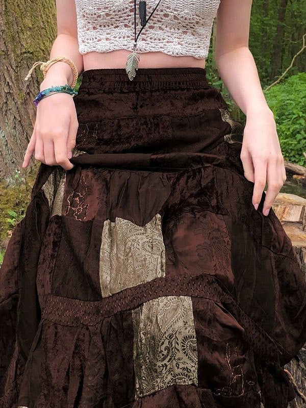 BROWN PATCHWORK MAXI SKIRT WITH ELASTIC HIGH WAIST