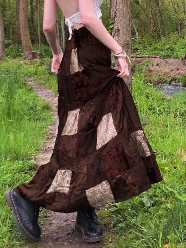 BROWN PATCHWORK MAXI SKIRT WITH ELASTIC HIGH WAIST