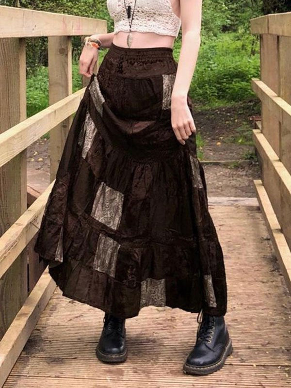 BROWN PATCHWORK MAXI SKIRT WITH ELASTIC HIGH WAIST