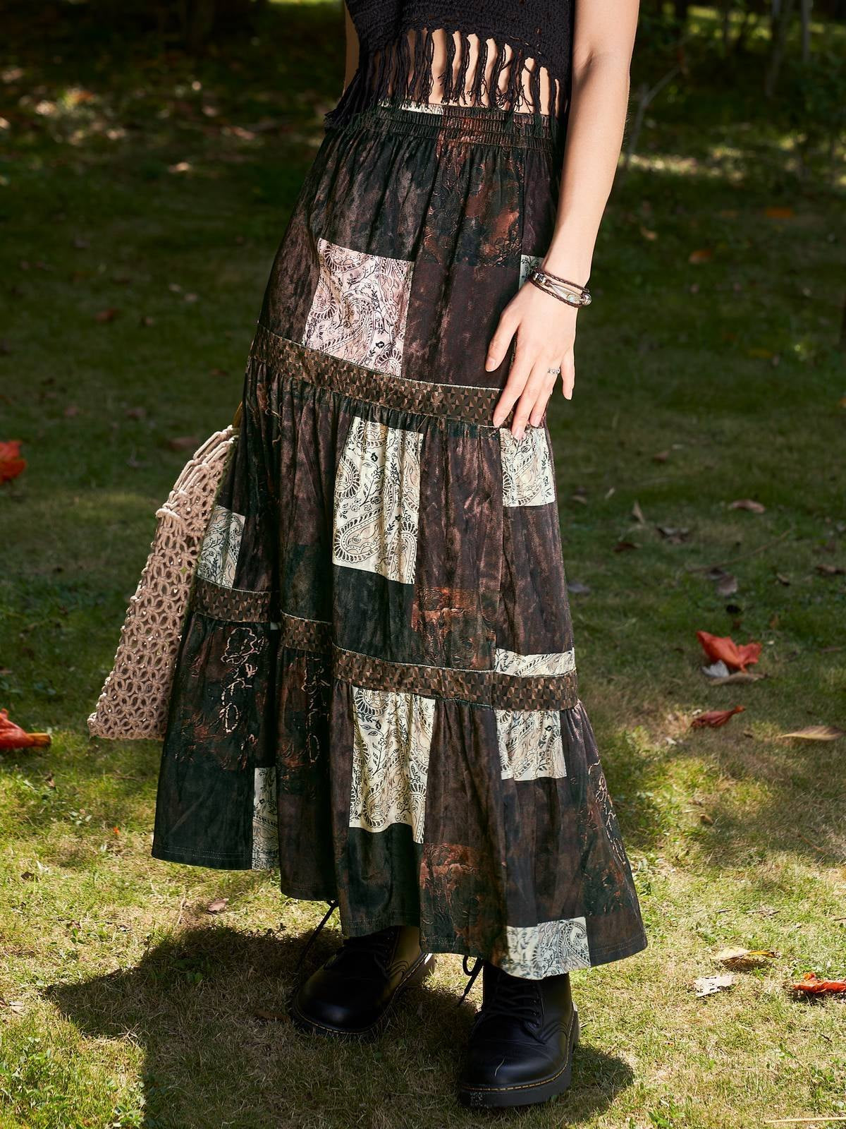 BROWN PATCHWORK MAXI SKIRT WITH ELASTIC HIGH WAIST