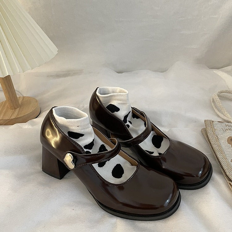 BROWN PATENT LEATHER MARY JANE HEELS FOR WOMEN