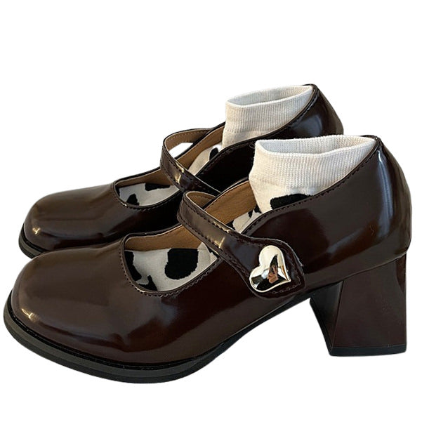 BROWN PATENT LEATHER MARY JANE HEELS FOR WOMEN
