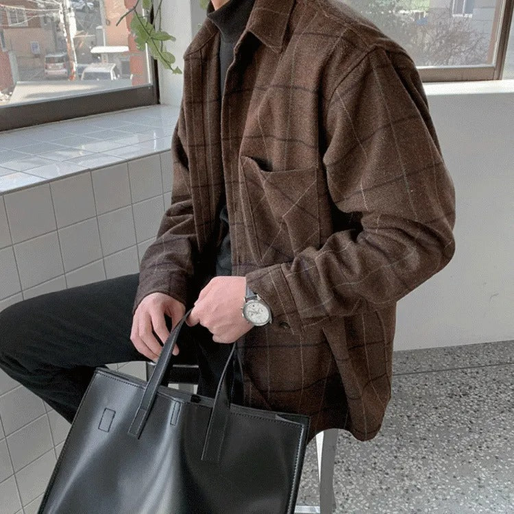 BROWN PLAID BUTTON-DOWN SHIRT WITH WOOLEN PLAID DESIGN