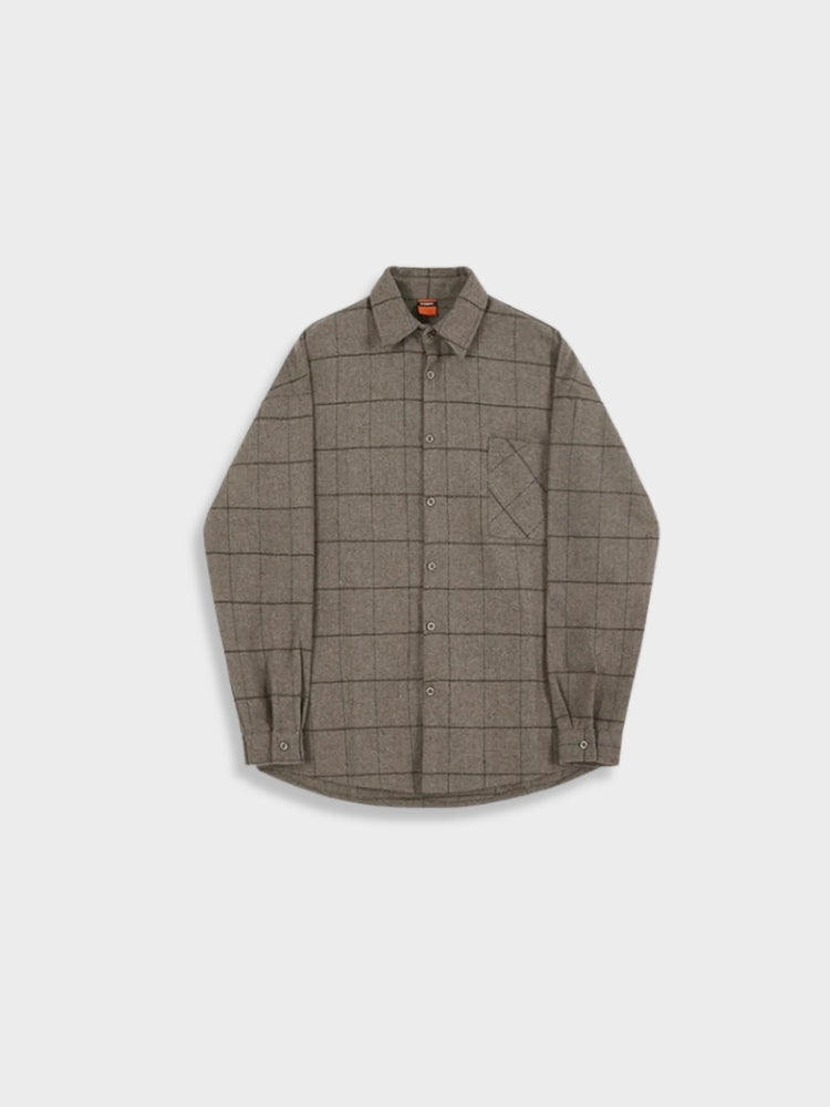 BROWN PLAID BUTTON-DOWN SHIRT WITH WOOLEN PLAID DESIGN