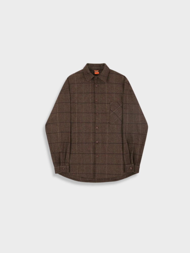 BROWN PLAID BUTTON-DOWN SHIRT WITH WOOLEN PLAID DESIGN