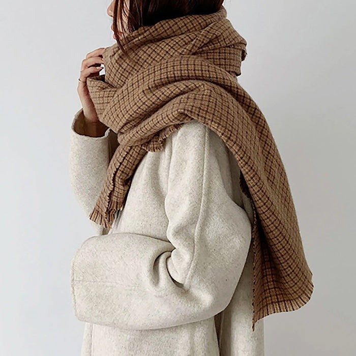 BROWN PLAID FRINGED SCARF FOR WOMEN