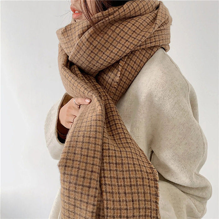 BROWN PLAID FRINGED SCARF FOR WOMEN