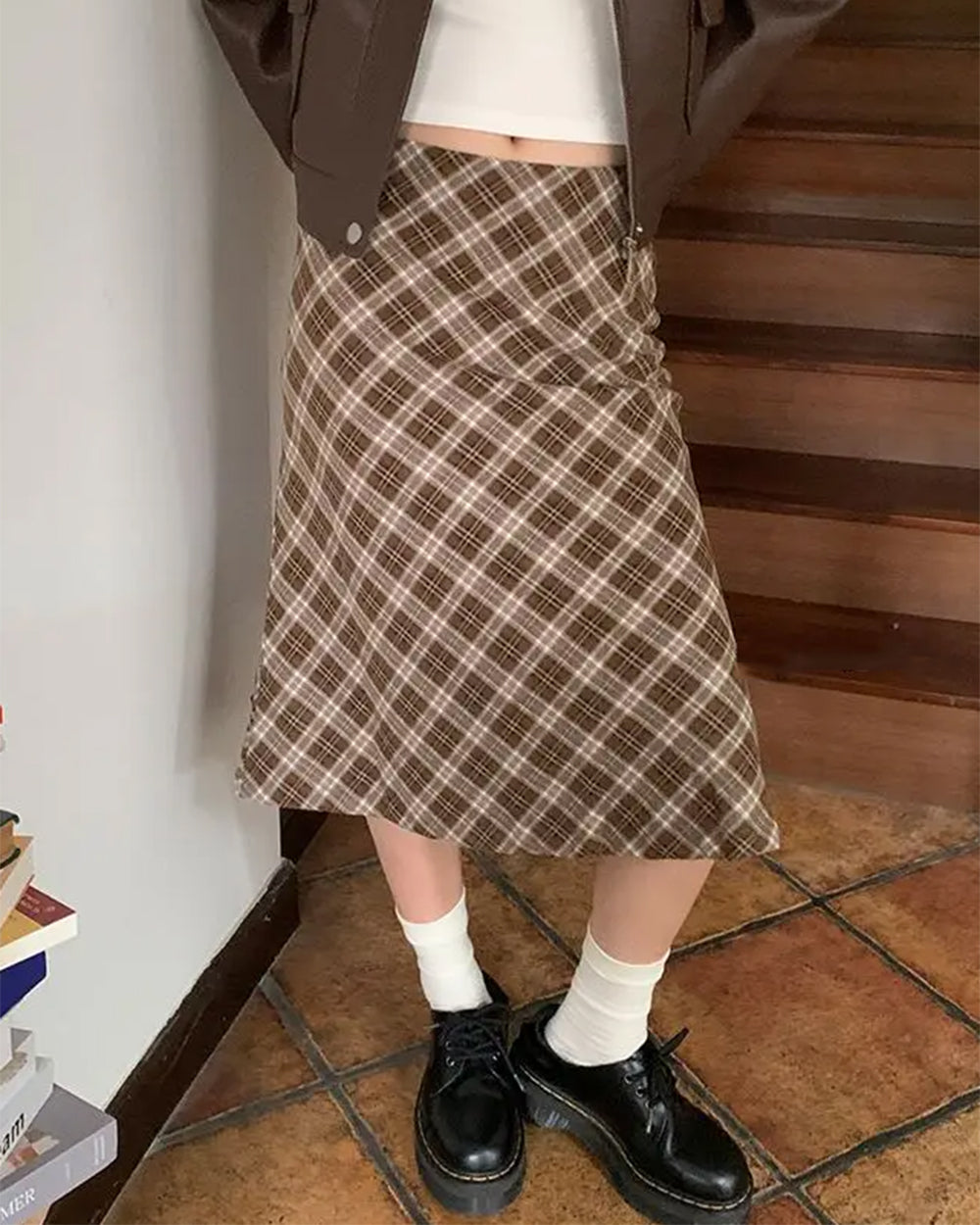 BROWN PLAID MIDI SKIRT CLASSIC PLAID MIDI