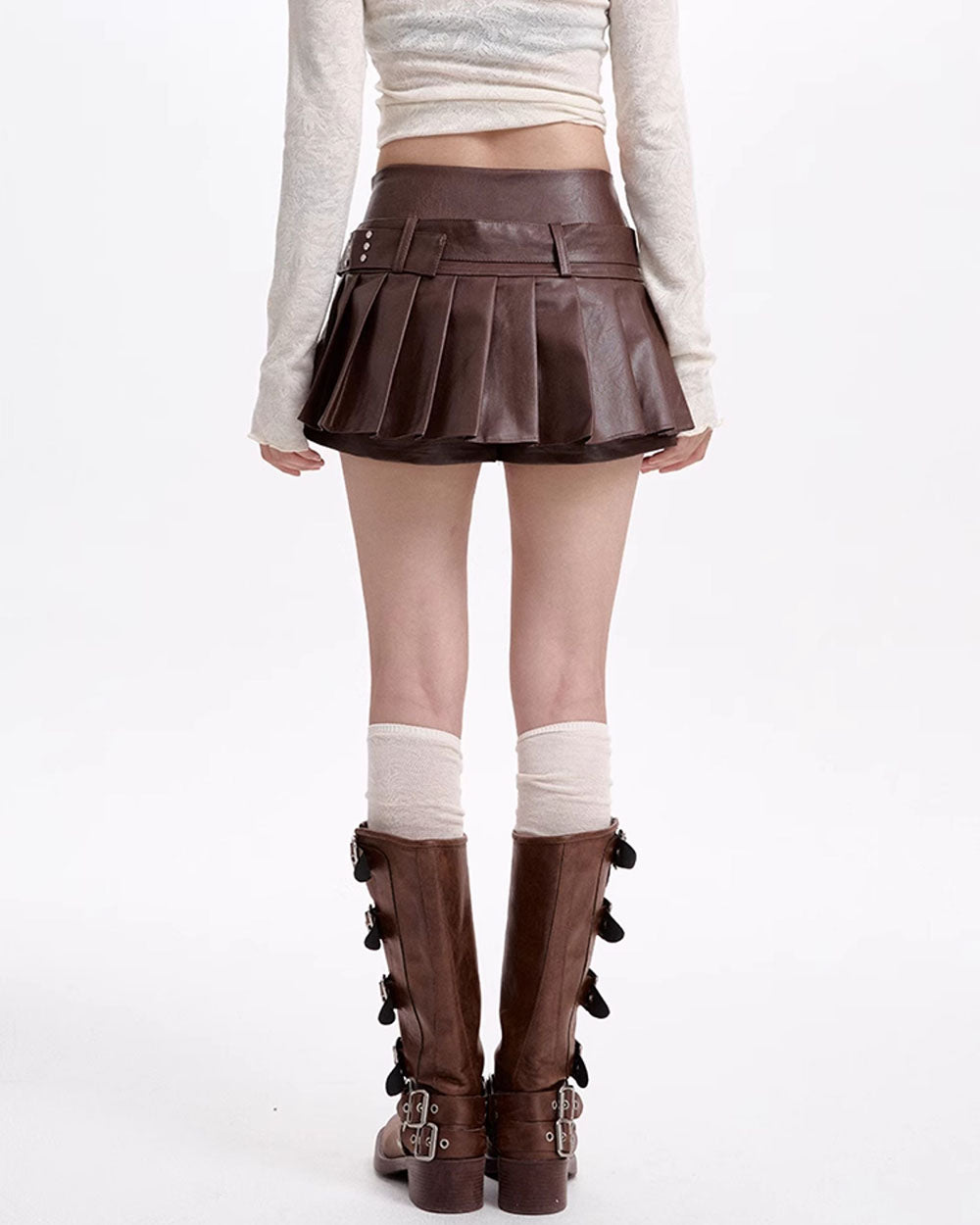 BROWN PLEATED LEATHER MINI SKIRT WITH BELT