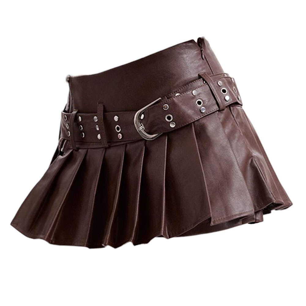 BROWN PLEATED LEATHER MINI SKIRT WITH BELT
