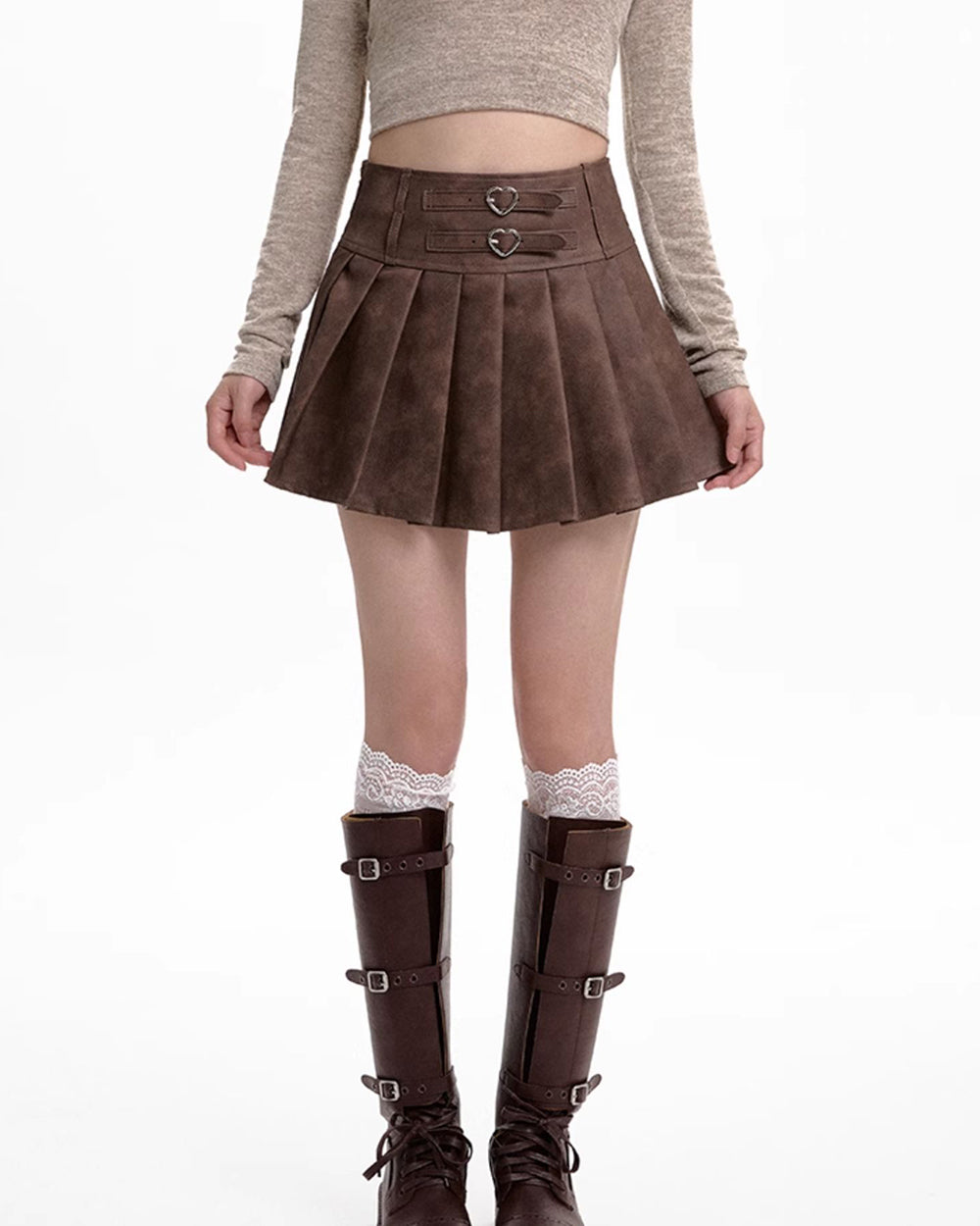 BROWN PLEATED MINI SKIRT HEART BUCKLE