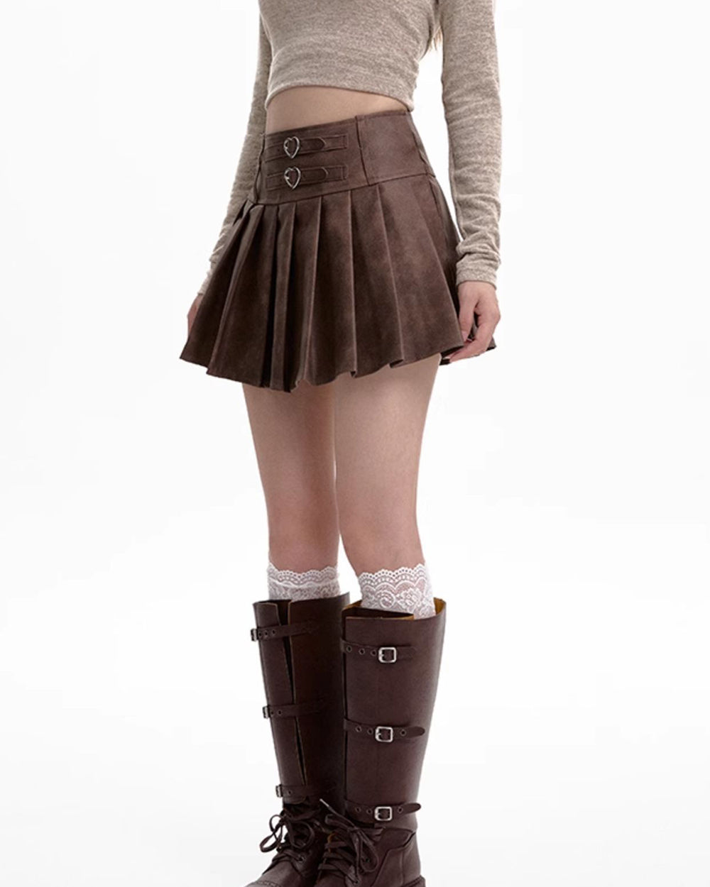 BROWN PLEATED MINI SKIRT HEART BUCKLE