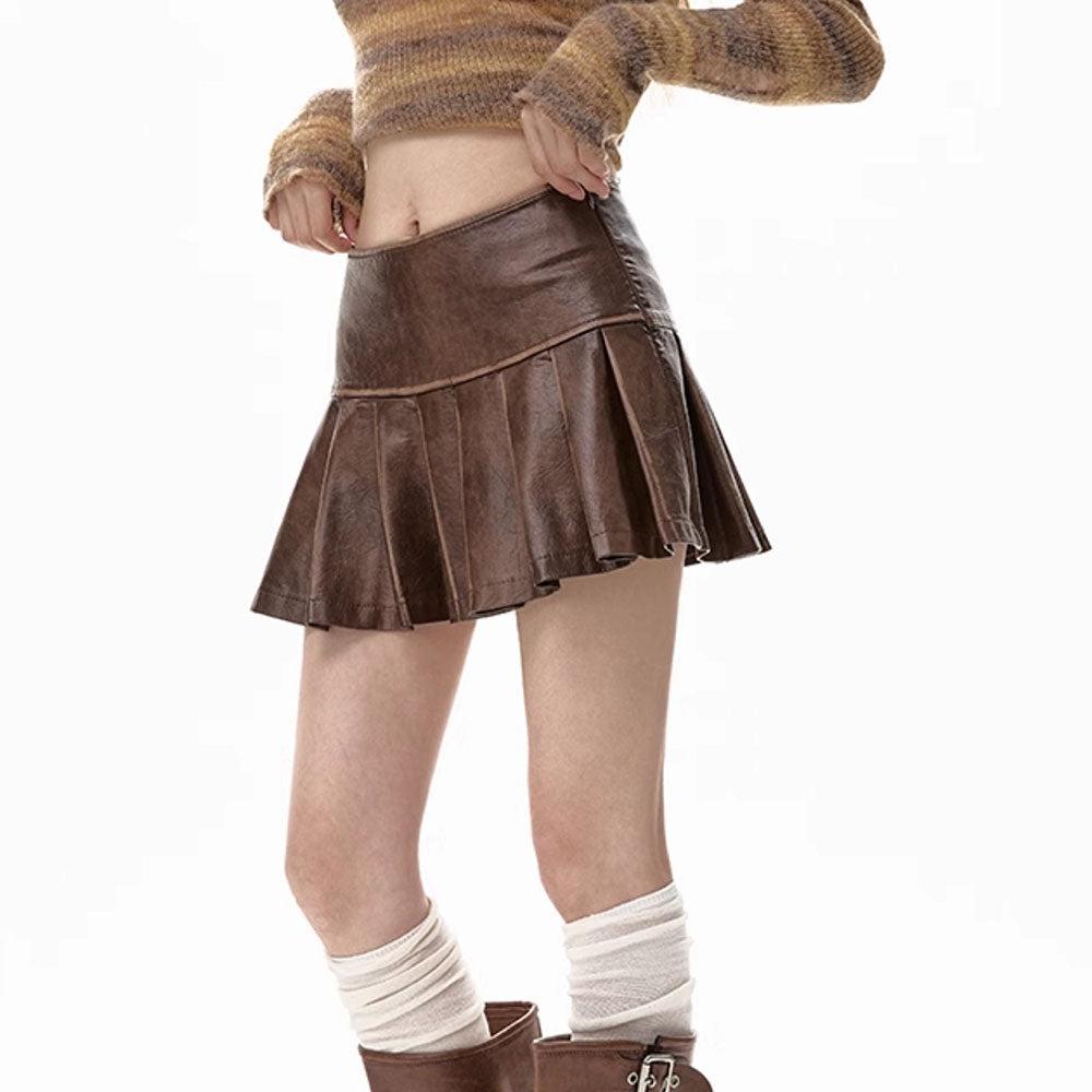BROWN PLEATED MINI SKIRT HIGH-QUALITY VEGAN LEATHER