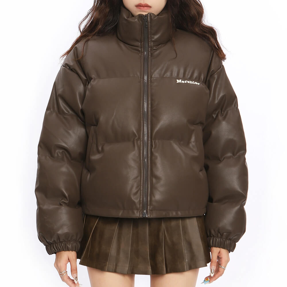 BROWN PUFFER JACKET: CHOCOLATE BROWN PUFFER