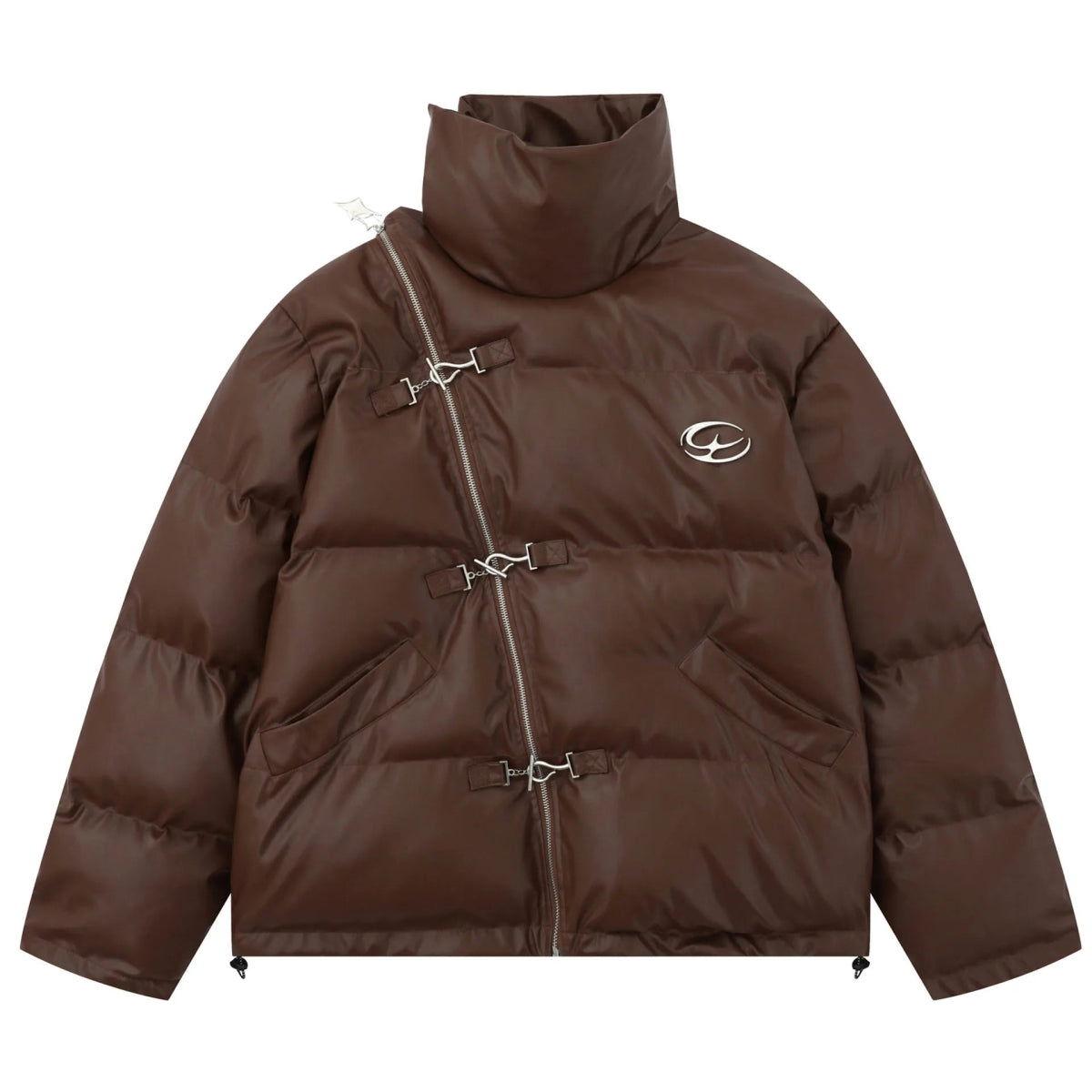 BROWN PUFFER JACKET WITH HIGH COLLAR