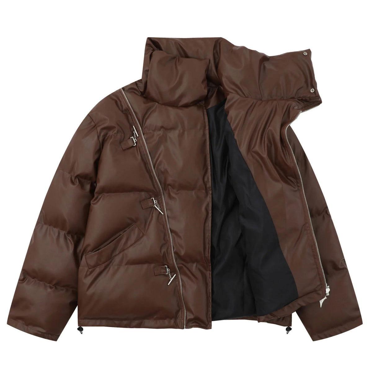 BROWN PUFFER JACKET WITH HIGH COLLAR